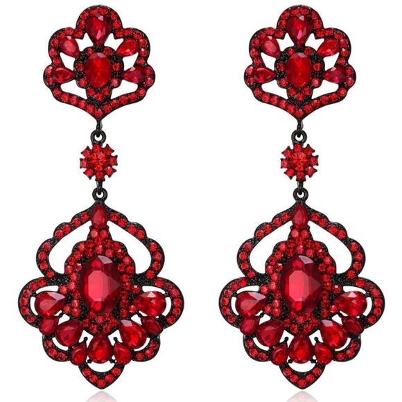 Carbon Black with Ruby Red Austrian Crystal Floral Teardrop Chandelier Earrings - Picture 1 of 4